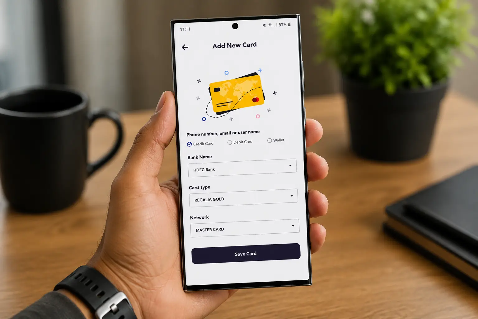 A hand holding a phone that shows Cardinal’s Add New Card screen: a yellow card illustration, card type, bank name, card type and network, and a Save Card button