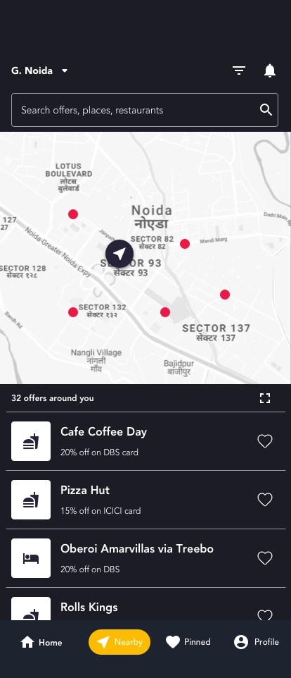 Nearby: a map with offer pins and a list of the 32 offers around you