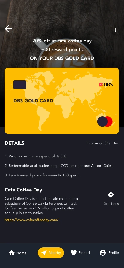 Offer detail: 20% off at Café Coffee Day with 30 reward points on a DBS Gold card, with details and directions