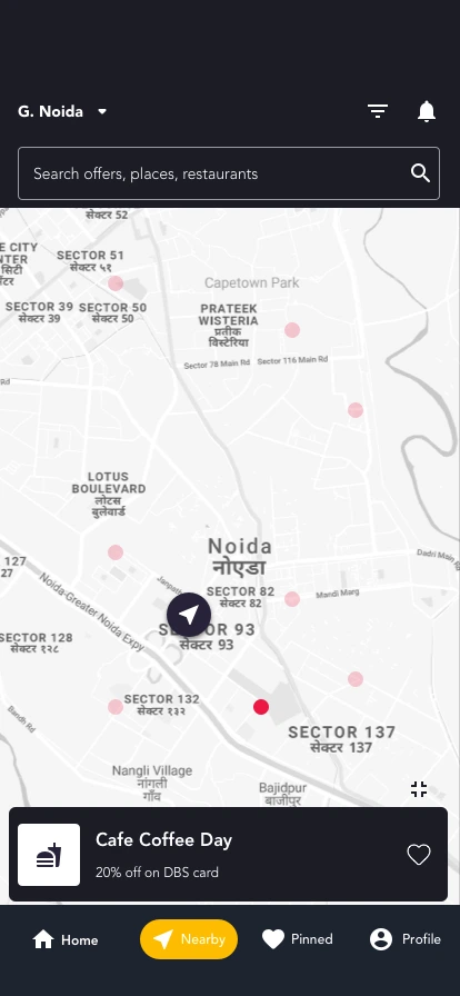 Nearby with the map expanded and a single offer card open at the bottom