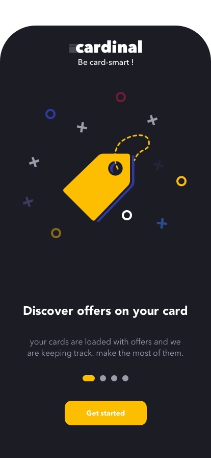 Onboarding, first slide: “Discover offers on your card”, with a yellow price-tag illustration