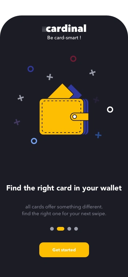 Onboarding, second slide: “Find the right card in your wallet”, with a yellow wallet illustration