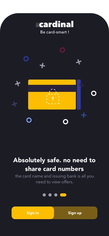 Onboarding, last slide: “Absolutely safe, no need to share card numbers”, with Sign in and Sign up buttons