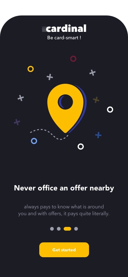 Onboarding, third slide: a yellow location pin and the line about never missing an offer nearby