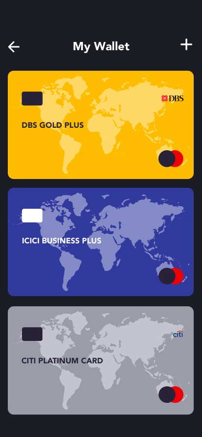 My Wallet: three cards, a yellow DBS Gold Plus, a blue ICICI Business Plus and a grey Citi Platinum