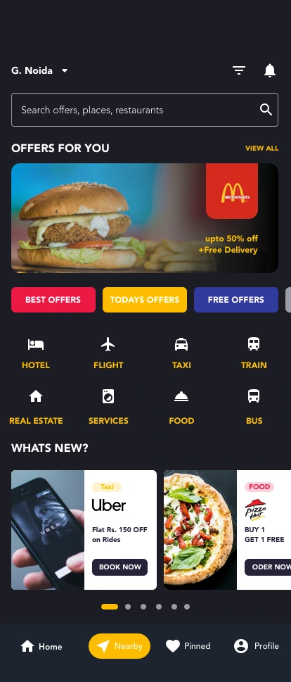 Home: the search bar, offers for you, offer categories and a What’s New carousel