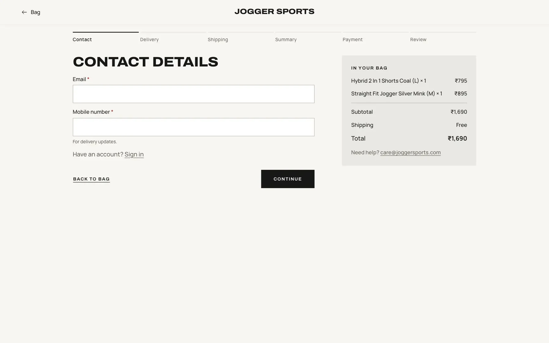Checkout contact step with progress steps and order summary.