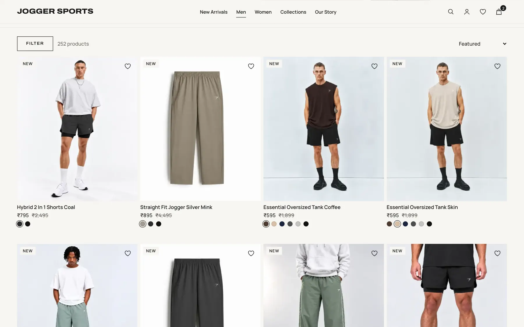 Men’s collection grid with filter button, product count, sort control and colour swatches.