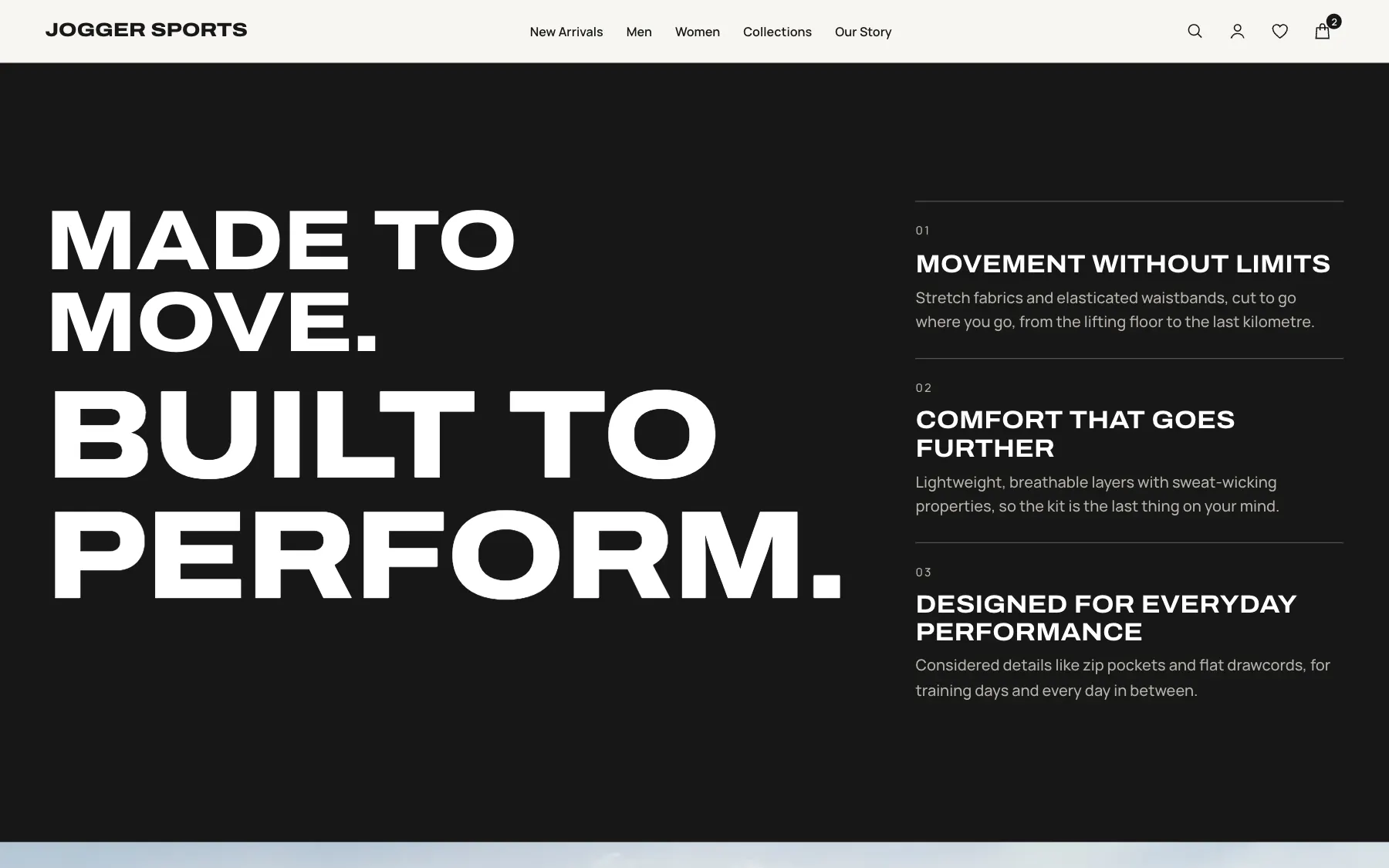 Dark section with the headline Made to move, Built to perform beside three numbered product pillars.