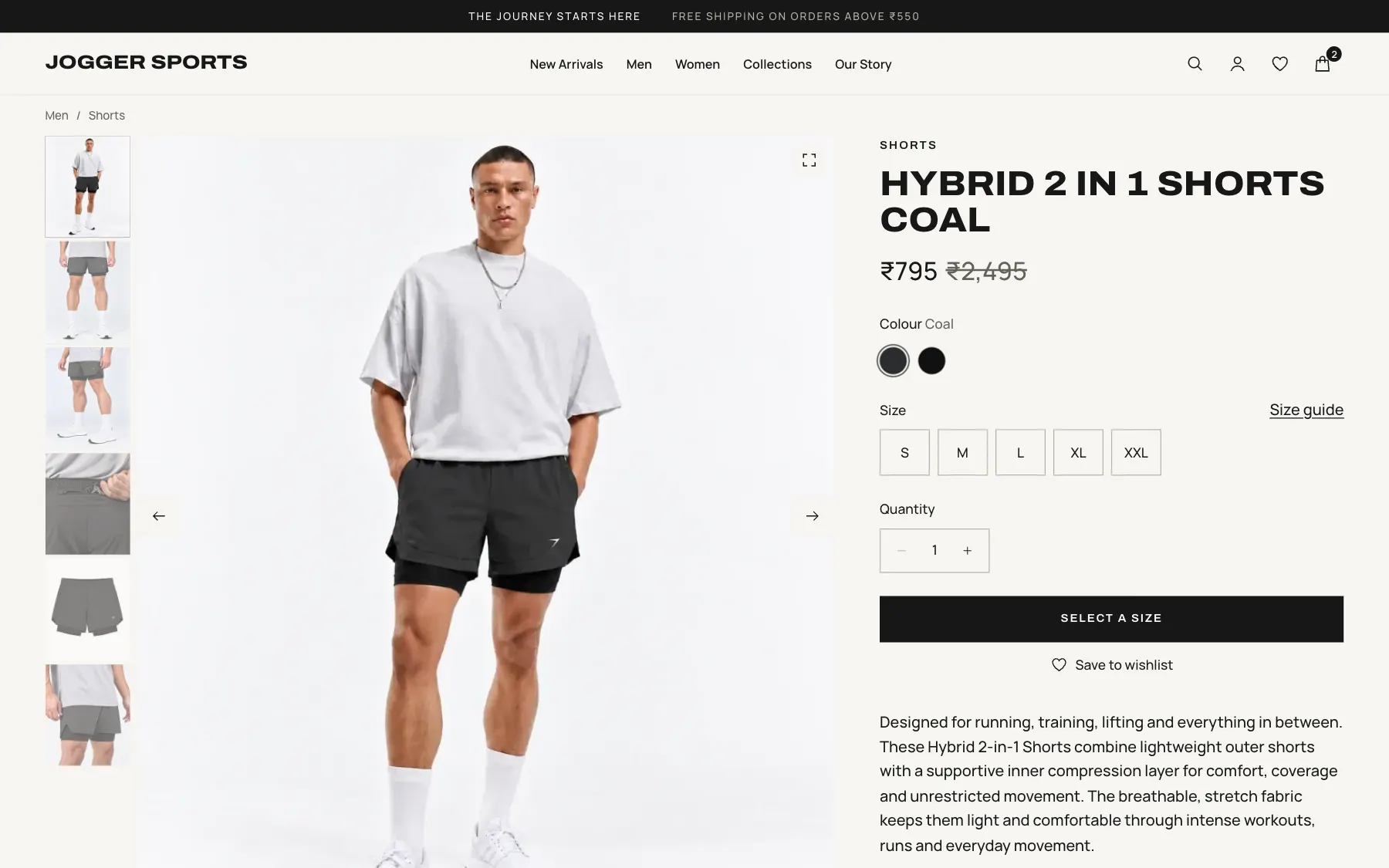Product page with thumbnail gallery, large image, colour swatches, size selector and add to bag button.
