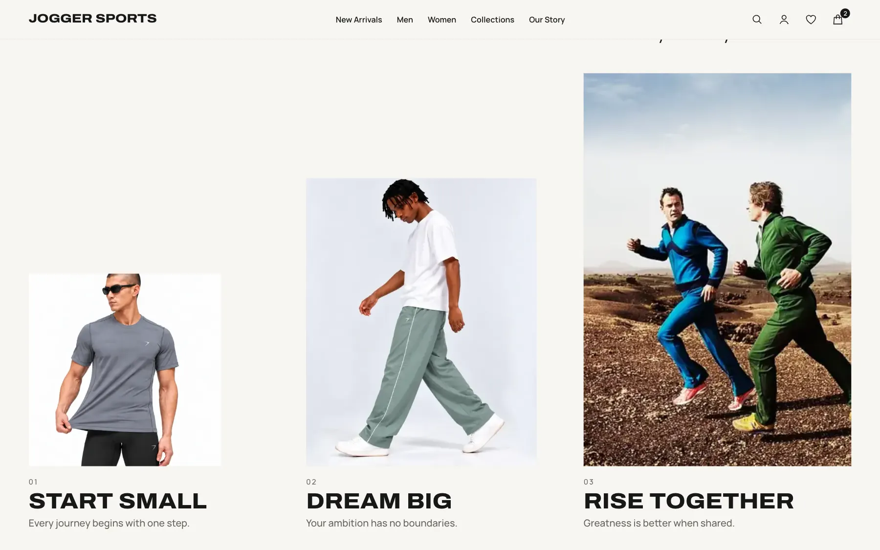 Three philosophy blocks whose images step upward from left to right: Start small, Dream big, Rise together.