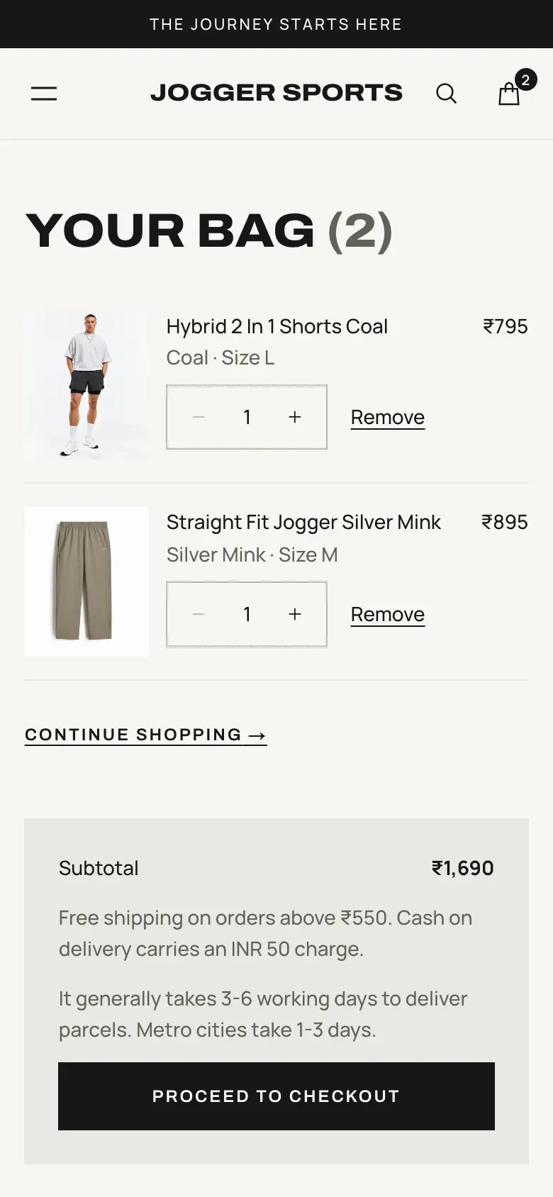 Mobile bag with two products and a subtotal.