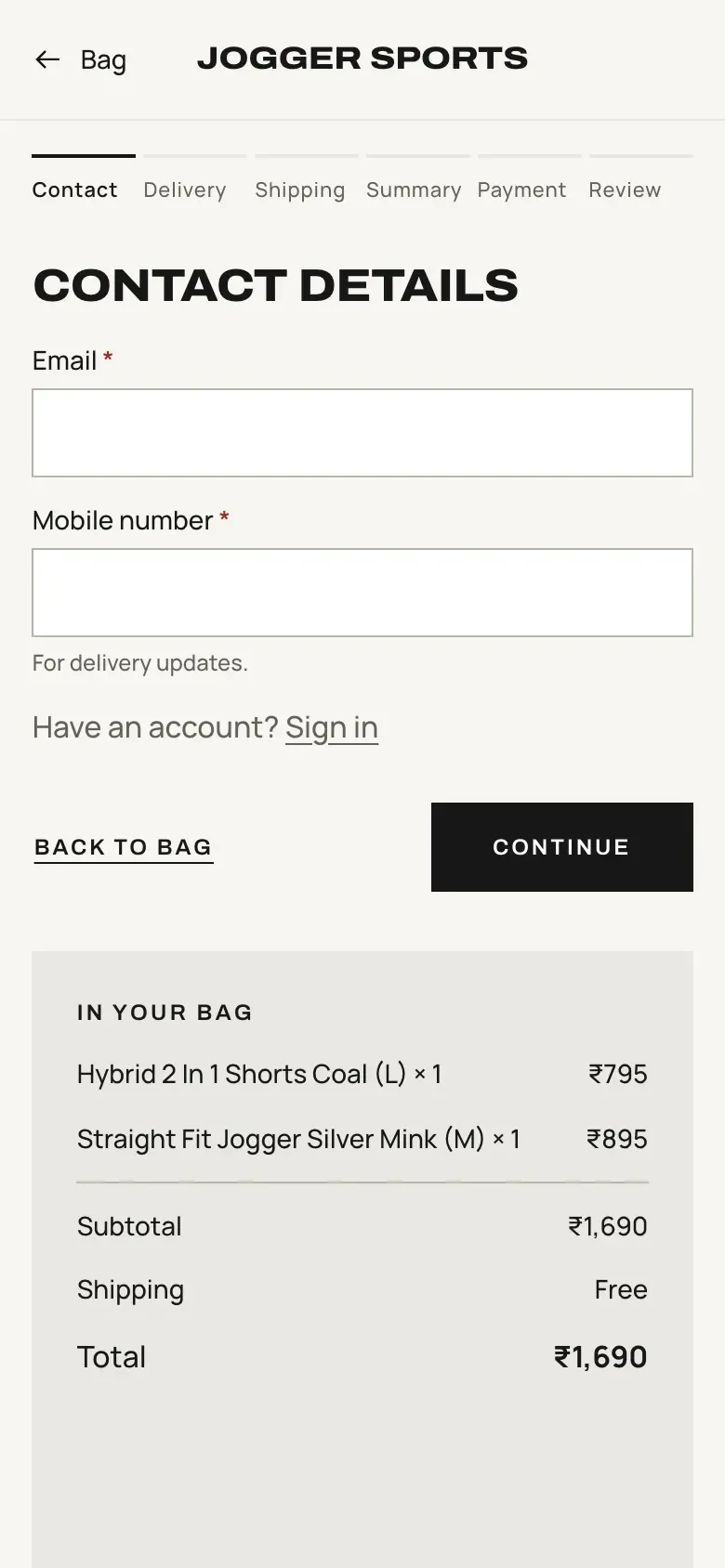 Mobile checkout contact step.