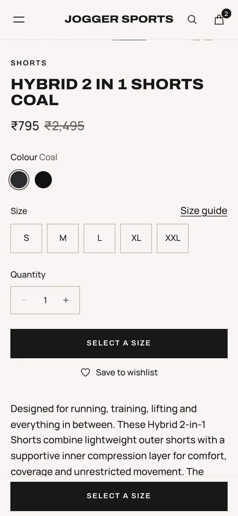 Mobile size, colour and quantity selectors.