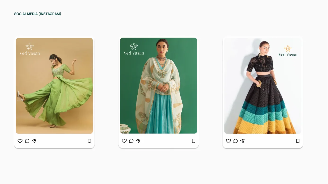 Three Instagram posts with the Ved Vasan logo over fashion photography