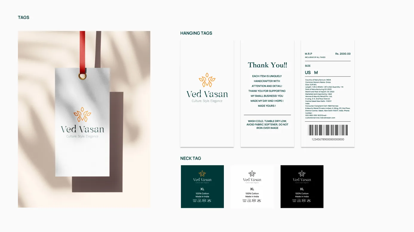 Hanging tags and neck tags with the Ved Vasan logo